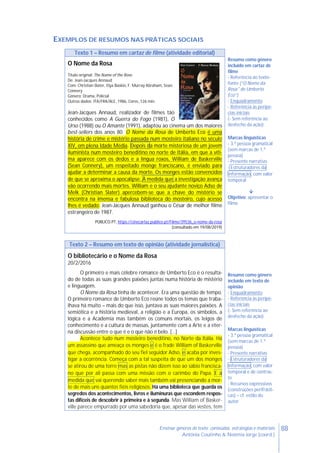 88Ensinar géneros de texto: conteúdos, estratégias e materiais
Antónia Coutinho & Noémia Jorge (coord.)
EXEMPLOS DE RESUMOS NAS PRÁTICAS SOCIAIS
Texto 1 – Resumo em cartaz de filme (atividade editorial)
O Nome da Rosa
Título original: The Name of the Rose
De: Jean-Jacques Annaud
Com: Christian Slater, Elya Baskin, F. Murray Abraham, Sean
Connery
Género: Drama, Policial
Outros dados: ITA/FRA/ALE, 1986, Cores, 126 min.
Jean-Jacques Annaud, realizador de filmes tão
conhecidos como A Guerra do Fogo (1981), O
Urso (1988) ou O Amante (1991), adaptou ao cinema um dos maiores
best-sellers dos anos 80. O Nome da Rosa de Umberto Eco é uma
história de crime e mistério passada num mosteiro italiano no século
XIV, em plena Idade Média. Depois da morte misteriosa de um jovem
iluminista num mosteiro beneditino no norte de Itália, em que a víti-
ma aparece com os dedos e a língua roxos, William de Baskerville
(Sean Connery), um respeitado monge franciscano, é enviado para
ajudar a determinar a causa da morte. Os monges estão convencidos
de que se aproxima o apocalipse. À medida que a investigação avança
vão ocorrendo mais mortes. William e o seu ajudante noviço Adso de
Melk (Christian Slater) apercebem-se que a chave do mistério se
encontra na imensa e fabulosa biblioteca do mosteiro, cujo acesso
lhes é vedado. Jean-Jacques Annaud ganhou o César de melhor filme
estrangeiro de 1987.
PÚBLICO.PT, https://cinecartaz.publico.pt/Filme/39536_o-nome-da-rosa
(consultado em 19/08/2019)
Resumo como género
incluído em cartaz de
filme
- Referência ao texto-
fonte (“O Nome da
Rosa" de Umberto
Eco”)
- Enquadramento
- Referência às peripé-
cias iniciais
(- Sem referência ao
desfecho da ação)
Marcas linguísticas
- 3.ª pessoa gramatical
(sem marcas de 1.ª
pessoa)
- Presente narrativo
- Estruturadores da
informação, com valor
temporal

Objetivo: apresentar o
filme
Texto 2 – Resumo em texto de opinião (atividade jornalística)
O bibliotecário e o Nome da Rosa
20/2/2016
O primeiro e mais célebre romance de Umberto Eco é o resulta-
do de todas as suas grandes paixões juntas numa história de mistério
e linguagem.
O Nome da Rosa tinha de acontecer. Era uma questão de tempo.
O primeiro romance de Umberto Eco reúne todos os temas que traba-
lhava há muito – mais do que isso, juntava as suas maiores paixões. A
semiótica e a história medieval, a religião e a Europa, os símbolos, a
lógica e a Academia mas também os comuns mortais, os leigos de
conhecimento e a cultura de massas, juntamente com a Arte e a eter-
na discussão entre o que é e o que não é belo. […]
Acontece tudo num mosteiro beneditino, no Norte da Itália. Há
um assassino que ameaça os monges e é o frade William of Baskerville
que chega, acompanhado do seu fiel seguidor Adso, e acaba por inves-
tigar a ocorrência. Começa com a tal suspeita de que um dos monges
se atirou de uma torre mas as pistas não dizem isso ao sábio francisca-
no que por ali passa com uma missão com o carimbo do Papa. E à
medida que vai querendo saber mais também vai presenciando a mor-
te de mais uns quantos fiéis religiosos. Há uma biblioteca que guarda os
segredos dos acontecimentos, livros e iluminuras que escondem respos-
tas difíceis de descobrir à primeira e à segunda. Mas William of Basker-
ville parece empurrado por uma sabedoria que, apesar das vestes, tem
Resumo como género
incluído em texto de
opinião
- Enquadramento
- Referência às peripé-
cias iniciais
(- Sem referência ao
desfecho da ação)
Marcas linguísticas
- 3.ª pessoa gramatical
(sem marcas de 1.ª
pessoa)
- Presente narrativo
- Estruturadores da
informação, com valor
temporal e de contras-
te
- Recursos expressivos
(construções perifrásti-
cas) – cf. estilo do
autor
 