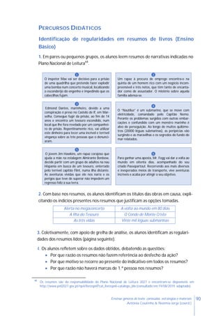90Ensinar géneros de texto: conteúdos, estratégias e materiais
Antónia Coutinho & Noémia Jorge (coord.)
PERCURSOS DIDÁTICOS
Identificação de regularidades em resumos de livros (Ensino
Básico)
1. Em pares ou pequenos grupos, os alunos leem resumos de narrativas indicadas no
Plano Nacional de Leitura44
.
❶
O inspetor Max vai ser decisivo para a prisão
de uma quadrilha que pretende fazer explodir
uma bomba num concerto musical, localizando
o esconderijo do engenho e impedindo que os
cabecilhas fujam.
❷
Um rapaz à procura de emprego encontra-o na
quinta de um homem rico com um negócio incom-
preensível e três netos, que têm tanto de encanta-
dor como de assustador. O mistério sobre aquela
família adensa-se.
❸
Edmond Dantes, marinheiro, devido a uma
conspiração é preso no Castelo de If, em Mar-
selha. Consegue fugir da prisão, ao fim de 14
anos e encontra um tesouro escondido, num
local que lhe fora revelado por um companhei-
ro de prisão. Repentinamente rico, vai utilizar
este dinheiro para tecer uma incrível e terrível
vingança sobre as três pessoas que o denunci-
aram.
❹
O “Nautilus” é um submarino, que se move com
eletricidade, comandado pelo Capitão Nemo.
Perante os problemas surgidos com outras embar-
cações e confundido com um monstro marinho é
alvo de perseguição. Ao longo de muitos quilóme-
tros (20000 léguas submarinas), as peripécias vão
surgindo e as maravilhas e os segredos do fundo do
mar relatados.
❺
O jovem Jim Hawkins, um rapaz corajoso que
ajuda a mãe na estalagem Almirante Benbow,
decide partir com um grupo de adultos na nau
Hispania em busca de um tesouro, enterrado
pelo terrível capitão Flint, numa ilha distante.
As aventuras vividas que ele nos narra e os
perigos que teve de superar não impedem um
regresso feliz à sua terra.
❻
Para ganhar uma aposta, Mr. Fogg vai dar a volta ao
mundo em oitenta dias, acompanhado do seu
criado Passepartout. Recorrendo aos mais diversos
e inesperados meios de transporte, vive aventuras
incríveis e acaba por atingir o seu objetivo.
2. Com base nos resumos, os alunos identificam os títulos das obras em causa, expli-
citando os indícios presentes nos resumos que justificam as opções tomadas.
Alerta no megaconcerto A volta ao mundo em 80 dias
A Ilha do Tesouro O Conde de Monte Cristo
As três vidas Vinte mil léguas submarinas
3. Coletivamente, com apoio de grelha de análise, os alunos identificam as regulari-
dades dos resumos lidos (página seguinte).
4. Os alunos refletem sobre os dados obtidos, debatendo as questões:
 Por que razão os resumos não fazem referência ao desfecho da ação?
 Por que motivo se recorre ao presente do indicativo em todos os resumos?
 Por que razão não haverá marcas de 1.ª pessoa nos resumos?
44
Os resumos são da responsabilidade do Plano Nacional de Leitura 2027 e encontram-se disponíveis em
http://www.pnl2027.gov.pt/np4/livrospnl?cat_livrospnl=catalogo_blx (consultado em 19/08/2019, adaptado).
 