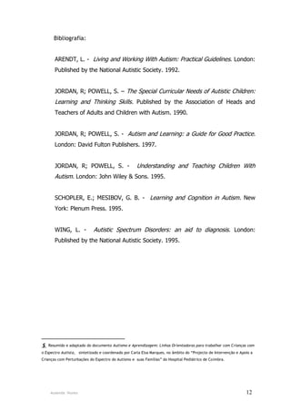 Bibliografia:


       ARENDT, L. - Living and Working With Autism: Practical Guidelines. London:
       Published by the National Autistic Society. 1992.


       JORDAN, R; POWELL, S. – The Special Curricular Needs of Autistic Children:
       Learning and Thinking Skills. Published by the Association of Heads and
       Teachers of Adults and Children with Autism. 1990.


       JORDAN, R; POWELL, S. - Autism and Learning: a Guide for Good Practice.
       London: David Fulton Publishers. 1997.


       JORDAN, R; POWELL, S. -                      Understanding and Teaching Children With
       Autism. London: John Wiley & Sons. 1995.


       SCHOPLER, E.; MESIBOV, G. B. - Learning and Cognition in Autism. New
       York: Plenum Press. 1995.


       WING, L. -           Autistic Spectrum Disorders: an aid to diagnosis. London:
       Published by the National Autistic Society. 1995.




__________________________
   Resumido e adaptado do documento Autismo e Aprendizagem: Linhas Orientadoras para trabalhar com Crianças com
o Espectro Autista, sintetizado e coordenado por Carla Elsa Marques, no âmbito do “Projecto de Intervenção e Apoio a
Crianças com Perturbações do Espectro do Autismo e suas Famílias” do Hospital Pediátrico de Coimbra.




     Ausenda Nunes                                                                                              12
 