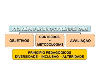 PROCESSO ENSINO-APRENDIZAGEM OBJETIVOS CONTEÚDOS  + METODOLOGIAS AVALIAÇÃO PRINCÍPIO PEDAGÓGICOS DIVERSIDADE – INCLUSÃO – ALTERIDADE   