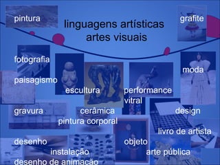 linguagens artísticas
artes visuais
pintura grafite
fotografia
moda
paisagismo
escultura performance
vitral
gravura cerâmica design
pintura corporal
livro de artista
desenho objeto
instalação arte pública
desenho de animação
linguagens artísticas
artes visuais
 