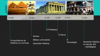 A importância da
História no currículo
Atores
Metas curriculares
Aprender História
14:20h 14:22h 14:25h 14:26h 14:35h
O Professor
O Aluno
A
Tecnologia Aprender História
no século XXI
- estratégias
14:27h
sumário
 