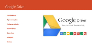 Google Drive
Documentos
Apresentações
Folha de cálculo
Formulários
Desenhos
Imagens
Vídeos
 
