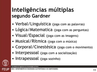 Inteligências múltiplas  segundo  Gardner Ver b al/Lingu í stic a  (joga com as palavras) L ó gica/Matematica   (joga com as perguntas) Visual/ Es pa c ial   (joga com as imagens) Music al /R í tmic a  (joga com a música) Corporal / Cinestésica   (joga com o movimento ) Interpe sso al  (joga com a socialização ) Intrape sso al  (joga sozinho ) 