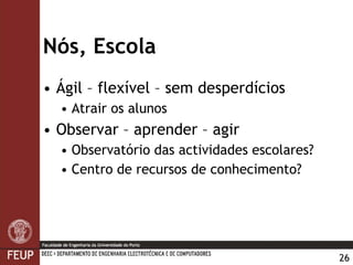 Nós, Escola Ágil – flexível – sem desperdícios Atrair os alunos Observar – aprender – agir  Observatório das actividades escolares? Centro de recursos de conhecimento? 