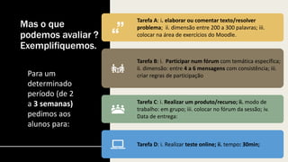 Mas o que
podemos avaliar ?
Exemplifiquemos.
Para um
determinado
período (de 2
a 3 semanas)
pedimos aos
alunos para:
Tarefa A: i. elaborar ou comentar texto/resolver
problema; ii. dimensão entre 200 a 300 palavras; iii.
colocar na área de exercícios do Moodle.
Tarefa B: i. Participar num fórum com temática específica;
ii. dimensão: entre 4 a 6 mensagens com consistência; iii.
criar regras de participação
Tarefa C: i. Realizar um produto/recurso; ii. modo de
trabalho: em grupo; iii. colocar no fórum da sessão; iv.
Data de entrega:
Tarefa D: i. Realizar teste online; ii. tempo: 30min;
 
