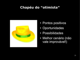 Chapéu do “otimista”



          ●   Pontos positivos
          ●   Oportunidades
          ●   Possibilidades
          ●   Melhor cenário (não
              vale improvável!)



                                    23
 