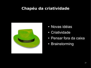 Chapéu da criatividade



            ●   Novas idéias
            ●   Criatividade
            ●   Pensar fora da caixa
            ●   Brainstorming




                                       27
 