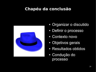 Chapéu da conclusão


         ●   Organizar o discutido
         ●   Definir o processo
         ●   Contexto novo
         ●   Objetivos gerais
         ●   Resultados obtidos
         ●   Condução do
             processo
                                     29
 
