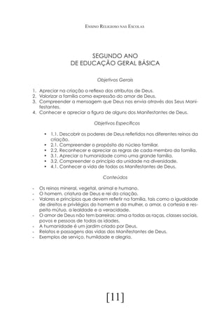 Ensino Religioso nas Escolas

SEGUNDO ANO
DE EDUCAÇÃO GERAL BÁSICA
Objetivos Gerais
1.	 Apreciar na criação o reflexo dos atributos de Deus.
2.	 Valorizar a família como expressão do amor de Deus.
3.	 Compreender a mensagem que Deus nos envia através dos Seus Manifestantes.
4.	 Conhecer e apreciar a figura de alguns dos Manifestantes de Deus.
	
	
	
Objetivos Específicos 		
	
•	 1.1. Descobrir os poderes de Deus refletidos nos diferentes reinos da
criação.
•	 2.1. Compreender o propósito do núcleo familiar.
•	 2.2. Reconhecer e apreciar as regras de cada membro da família.
•	 3.1. Apreciar a humanidade como uma grande família.
•	 3.2. Compreender o princípio da unidade na diversidade.
•	 4.1. Conhecer a vida de todos os Manifestantes de Deus.
Conteúdos
-	 Os reinos mineral, vegetal, animal e humano.
-	 O homem, criatura de Deus e rei da criação.
-	 Valores e princípios que devem refletir na família, tais como a igualdade
de direitos e privilégios do homem e da mulher, o amor, a cortesia e respeito mútuo, a lealdade e a veracidade.
-	 O amor de Deus não tem barreiras: ama a todas as raças, classes sociais,
povos e pessoas de todas as idades.
-	 A humanidade é um jardim criado por Deus.
-	 Relatos e passagens das vidas dos Manifestantes de Deus.
-	 Exemplos de serviço, humildade e alegria.

[11]

 