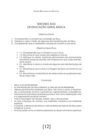 Ensino Religioso nas Escolas

TERCEIRO ANO
DE EDUCAÇÃO GERAL BÁSICA
Objetivos Gerais
1.	 Compreender o conceito da unicidade de Deus.
2.	 Valorizar a vida e missão de algumas das Manifestações de Deus.
3.	 Compreender que a verdadeira natureza do homem é sua alma.
Objetivos Específicos
•	 1.1. Compreender que o Criador é uno e único.
•	 1.2. Reconhecer que a base das religiões é uma só.
•	 1.3. Distinguir os valores espirituais permanentes dos ensinamentos
transitórios sociais de acordo com a época em que cada Manifestante ensina.
•	 2.1. Identificar a vida e a missão de algumas das Manifestações de
Deus.
•	 3.1. Reconhecer que o sinal e a imagem de Deus no homem é sua
alma.
•	 3.2. Reconhecer a importância de desenvolver as qualidades espirituais nesta vida.
Conteúdos
-	 Deus: o Sol da Realidade.
-	 As Manifestações de Deus refletem os raios do Sol da Realidade.
-	 Valores permanentes revelados por Deus, tais como o amor, a misericórdia, a veracidade, a honra, a paciência, a generosidade, a obediência.
-	 Ensinamentos transitórios revelados por Deus, tais como celebrações, ritos
e a organização social do homem.
-	 Vida e mensagem de Abraão, Moisés, Jesus, Muhammad.
-	 As duas naturezas do homem: sua realidade material e sua realidade
espiritual.
-	 A oração, o alimento da alma e a leitura diária da Palavra de Deus para
fortalecer a alma.
-	 As boas ações como a máxima expressão do desenvolvimento espiritual.

[12]

 