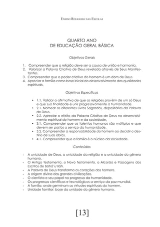 Ensino Religioso nas Escolas

QUARTO ANO
DE EDUCAÇÃO GERAL BÁSICA
Objetivos Gerais 	
1.	 Compreender que a religião deve ser a causa de união e harmonia.
2.	 Valorizar a Palavra Criativa de Deus revelada através de Seus Manifestantes.
3.	 Compreender que o poder criativo do homem é um dom de Deus.
4.	 Apreciar a família como base inicial do desenvolvimento das qualidades
espirituais.
Objetivos Específicos
•	 1.1. Validar a afirmativa de que as religiões provêm de um só Deus
e que sua finalidade é unir progressivamente a humanidade.
•	 2.1. Nomear os diferentes Livros Sagrados, depositários da Palavra
de Deus.
•	 2.2. Apreciar o efeito da Palavra Criativa de Deus no desenvolvimento espiritual do homem e da sociedade.
•	 3.1. Compreender que os talentos humanos são múltiplos e que
devem ser postos a serviço da humanidade.
•	 3.2. Compreender a responsabilidade do homem ao decidir o destino de suas obras.
•	 4.1. Compreender que a família é o núcleo da sociedade.
Conteúdos
-	 A unicidade de Deus, a unicidade da religião e a unicidade do gênero
humano.
-	 O Antigo Testamento, o Novo Testamento, o Alcorão e Passagens dos
Escritos de Bahá’u’lláh.
-	 A Palavra de Deus transforma os corações dos homens.
-	 A origem divina das grandes civilizações.
-	 O cientista e seu papel no progresso da humanidade.
-	 Os progressos científicos e tecnológicos a serviço da paz mundial.
-	 A família: onde germinam as virtudes espirituais do homem.
-	 Unidade familiar: base da unidade do gênero humano.

[13]

 