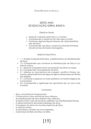 Ensino Religioso nas Escolas

SEXTO ANO
DE EDUCAÇÃO GERAL BÁSICA
Objetivos Gerais
1.	 Apreciar a relação entre Deus e o homem.
1.	 Compreender a existência da vida após a morte.
1.	 Conhecer algumas figuras heroicas de cada Manifestação de Deus.
1.	 Compreender que Deus cumpre Sua Grande Promessa
através de Seus Enviados Mensageiros.
Objetivos Específicos
•	 1.1. Analisar a relação entre Deus, o Espírito Santo e as Manifestações
de Deus.
•	 1.2. Compreender que conhecer as Manifestações de Deus é conhecer a Deus.
•	 2.1. Apreciar o propósito divino da aparição da alma no corpo.
•	 2.2. Compreender a imortalidade da alma.
•	 3.1. Valorizar as características de coragem, sacrifício, firmeza, devoção e desprendimento de algumas figuras destacadas da história
das religiões.
•	 4.1. Conhecer e apreciar os ciclos proféticos na história religiosa da
humanidade.
•	 4.2. Compreender o significado do nascimento de um novo ciclo
universal.
Conteúdos
-	
-	
-	
-	
-	
-	
-	
-	
-	

Deus, uma Essência incognoscível.
Conhecemos a Deus através de Seus atributos.
As Manifestações de Deus refletem Seus atributos.
O Espírito Santo, raios do Sol divino refletidos nas Manifestações Divinas.
O desenvolvimento das potencialidades da alma.
O progresso da alma nos mundos espirituais de Deus.
A vida dos santos.
As promessas contidas nos Livros Sagrados.
A promessa do Reino de Deus na Terra.

[15]

 