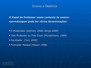 Ensino a Distância O Papel do Professor neste contexto de ensino- aprendizagem pode ter várias denominações: E-Moderador  (Salmon, 2000; Berge 2000) Tele-Professor ou Tele-Tutor  (Mundemann, 1999) Facilitador  (Tan, 1999) Formador Pessoal  (Mason 1998) 