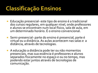  Educação presencial- este tipo de ensino é a tradicional
dos cursos regulares, em qualquer nível, onde professores
e alunos se encontram num local físico, sala de aula, em
um determinado horário. É o ensino convencional.
 Semi-presencial- parte do ensino é presencial, parte é
virtual ou a distância. As aulas acontecem nas salas e a
distância, através de tecnologias.
 A educação a distância pode ter ou não momentos
presenciais, mas sua essência é professores e alunos
separados fisicamente no espaço e ou no tempo, mas
podendo estar juntos através de tecnologias de
comunicação.
 