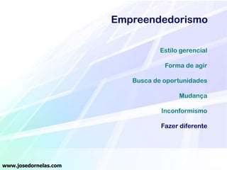 Empreendedorismo
Estilo gerencial
Forma de agir
Busca de oportunidades
Mudança
Inconformismo
Fazer diferente

www.josedornelas.com

 
