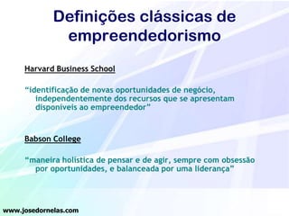 Definições clássicas de
empreendedorismo
Harvard Business School
“identificação de novas oportunidades de negócio,
independentemente dos recursos que se apresentam
disponíveis ao empreendedor”

Babson College
“maneira holística de pensar e de agir, sempre com obsessão
por oportunidades, e balanceada por uma liderança”

www.josedornelas.com

 