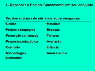 I - Repensar o Ensino Fundamental em seu conjunto Receber a criança de seis anos requer reorganizar Conteúdos Adolescência Metodologias Infância Currículo  Avaliação Proposta pedagógica Tempos  Formação continuada Espaços  Projeto pedagógico Materiais  Gestão 