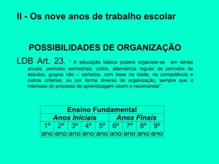 II - Os nove anos de trabalho escolar POSSIBILIDADES DE ORGANIZAÇÃO LDB Art. 23 .  “ A educação básica poderá organizar-se  em séries anuais, períodos semestrais, ciclos, alternância regular de períodos de estudos, grupos não – seriados, com base na idade, na competência e outros critérios, ou por forma diversa de organização, sempre que o interesse do processo de aprendizagem assim o recomendar”.  