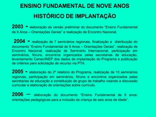 ENSINO FUNDAMENTAL DE NOVE ANOS HISTÓRICO DE IMPLANTAÇÃO 2003  -   elaboração da versão preliminar do documento “Ensino Fundamental de 9 Anos – Orientações Gerais” e realização de Encontro Nacional.  2004  -   realização de 7 seminários regionais, finalização e  distribuição do documento “Ensino Fundamental de 9 Anos – Orientações Gerais”, realização de Encontro Nacional, realização de Seminário Internacional, participação em seminários, fóruns, encontros organizados pelas secretarias de educação, levantamento Censo/INEP dos dados de implantação do Programa e publicação de critérios para solicitação de recurso via PTA.  2005  -   elaboração do 2º relatório do Programa, realização de 10 seminários regionais, participação em seminários, fóruns e encontros organizados pelas secretarias de educação e constituição de grupo de trabalho visando a discussão curricular e elaboração de orientações sobre currículo. 2006   –  elaboração do documento “Ensino Fundamental de 9 anos: orientações pedagógicas para a inclusão da criança de seis anos de idade”. 