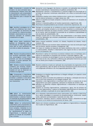 29
Matriz de Competências
CA3.	 Compreender o conceito de
função e os seus principais tipos,
estabelecendo relações entre eles
e desvendando suas propriedades
para aplicá-las a contextos e situa-
ções diferentes para a solução de
problemas.
H05.	 Apresentar numa linguagem não técnica o conceito e as aplicações das principais
funções matemáticas e representá-las em gráficos cartesianos. (GI)
H06.	 Representar o domínio, o contradomínio e o conjunto imagem de uma função por in-
termédio de conjuntos e sentenças matemáticas, com vistas na construção de grá-
ficos. (GI)
H07.	 Estabelecer relações entre módulo (distância entre o ponto que o representa no eixo
real do sistema cartesiano) e a origem desse eixo. (GII)
H08.	 Aplicar os conceitos de função composta e inversa em exercícios e em situações do
cotidiano. (GIII)
H09.	 Construir e interpretar gráficos de funções exponenciais e logarítmicas. (GII)
H10.	 Reconhecer situações-problema que envolvam crescimento exponencial. (GI)
CA4.	 Identificar estratégias de re-
solução de problemas que envol-
vam a contagem de elementos de
um conjunto ou o cálculo de proba-
bilidade, relacionando-os aos mais
diversos exemplos do cotidiano,
notadamente em jogos.
H11.	 Distinguir no enunciado de um problema se para sua resolução compete o uso de
arranjos, permutações (simples ou com elementos repetidos) ou combinações. (GI)
H12.	 Compreender definições de espaço amostral, eventos e probabilidade da ocorrência
de um evento, além de distinguir no enunciado de um problema a aplicabilidade ou
não da adição de probabilidades. (GI)
H13.	 Distinguir quando dois ou mais eventos são independentes e usar desse conheci-
mento em aplicações que envolvam probabilidade condicional ou multiplicação de
probabilidades. (GII)
CA5.	 Utilizar dados estatísticos,
gráficos ou histogramas para a
identificação de maior regularidade
entre dois ou mais elementos de
uma lista ou dados de pesquisa.
H14.	 Definir universo estatístico, amostra, rol, classes, frequência de classes, moda e
mediana. (GI)
H15.	 Resolver problemas que envolvam dados estatísticos por meio da construção de grá-
ficos de barras, setores circulares e histogramas. (GII)
H16.	 Com base em medidas de dispersão dos dados estatísticos (tais como a variância
e o desvio-padrão), identificar o desempenho mais regular de dois ou mais elemen-
tos de uma pesquisa. (GI)
CA6.	 Resolver situações-problema
que envolvam expressões algébri-
cas, porcentagens e juros e com-
preender, por meio de estratégias
variadas, a correta aplicação dos
produtos notáveis.
H17.	 Reconhecer e aplicar em exercícios os produtos notáveis como um facilitador para o
cálculo em expressões ou equações que envolvam a fatoração algébrica. (GII)
H18.	 Aplicar os conceitos de porcentagens e juros em exercícios que representem situa-
ções reais do dia a dia, verificando a diferença das aplicações financeiras que credi-
tam ao cliente juros simples ou compostos. (GIII)
CA7.	 Modelar e resolver situações-
-problema que envolvam sequên-
cias numéricas, exemplificando si-
tuações em que se observem os
modelos de progressão
H19.	 Resolver problemas simples por aplicação das propriedades de progressões aritmé-
ticas e geométricas, além de aplicar as fórmulas resolutivas da soma dos termos de
uma progressão aritmética e de uma progressão geométrica. (GII)
CA8.	 Compreender a importância
da trigonometria em situações que
envolvam o cotidiano e como ferra-
menta facilitadora para medir cor-
pos inacessíveis.
H20.	 Estabelecer as relações trigonométricas no triângulo retângulo, em especial o teore-
ma de Pitágoras. (GII)
H21.	 Diferenciar, pelos enunciados dos problemas ou de figuras, a utilização da lei dos se-
nos ou da lei dos cossenos em um triângulo qualquer. (GI)
H22.	 Interpretar o ciclo trigonométrico e reconhecer nele o seno e o cosseno de um arco
trigonométrico nos quatro quadrantes, aplicando as relações de simetria. (GII)
H23.	 Identificar as diferentes relações trigonométricas e relacioná-las na resolução de
exercícios. (GII)
H24.	 Expandir os conceitos trigonométricos, analisando-os, agora, fora da primeira vol-
ta do ciclo trigonométrico, e aplicar as identidades trigonométricas em exercícios de
adição, subtração e duplicação de arcos trigonométricos. (GIII)
CA9.	 Aplicar os conhecimentos
matemáticos relativos às matrizes,
determinantes e sistemas lineares
na resolução de situações-problema
expressas de diferentes formas.
H25.	 Ler e interpretar matematicamente textos relacionados com matrizes e determinan-
tes e aplicar estratégias na resolução de situações-problema, construindo, classifi-
cando, aplicando as propriedades e operando com elas. (GII)
H26.	 Reconhecer, classificar, discutir e resolver sistemas lineares, utilizando-se da regra
de Cramer ou do método de escalonamento de Gauss. (GIII)
CA10.	 Aplicar os conhecimentos
matemáticos para compreender as
formas de representação de um nú-
mero complexo, interpretar os nú-
meros complexos geometricamen-
te, identificando-os no plano de
Argand-Gauss, e relacionar seus
gráficos ao estudo de circunferên-
cias e círculos.
H27.	 Operar com números complexos nas formas algébrica e trigonométrica e interpretá-
-los no plano de Argand-Gauss. (GII)
 