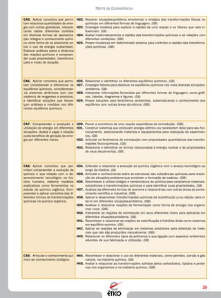 39
Matriz de Competências
CA5.	 Aplicar conceitos que permi-
tam relacionar quantidades de ener-
gia com outras grandezas, interpre-
tando dados diferentes contidos
em diversas formas de apresenta-
ção. Integrar o conhecimento quími-
co como forma de se posicionar so-
bre o uso de energia sustentável.
Elaborar análises sobre a dinâmica
das reações químicas e compreen-
der suas propriedades, transforma-
ções e modo de atuação.
H22.	 Resolver situações-problema envolvendo a entalpia das transformações físicas ou
químicas em diferentes formas de linguagem. (GII)
H23.	 Empregar modelos para explicar a rapidez de uma reação e os fatores que nela in-
fluenciam. (GII)
H24.	 Avaliar matematicamente a rapidez das transformações químicas e as relações com
diferentes condições. (GIII)
H25.	 Propor mudanças em determinado sistema para controlar a rapidez das transforma-
ções químicas. (GIII)
CA6.	 Aplicar conceitos que permi-
tam compreender e diferenciar os
equilíbrios químicos, considerando-
-os sistemas dinâmicos com coe-
xistência de reagentes e produtos;
e identificar soluções que favore-
çam análises e medidas nos dife-
rentes equilíbrios químicos.
H26.	 Relacionar e identificar os diferentes equilíbrios químicos. (GII)
H27.	 Empregar fatores para deslocar os equilíbrios químicos nas mais diversas situações-
-problema. (GII)
H28.	 Interpretar informações fornecidas por diferentes formas de linguagem, como gráfi-
cos, tabelas, diagramas e figuras. (GII)
H29.	 Propor soluções para fenômenos ambientais, sistematizando o conhecimento dos
equilíbrios com outras áreas da ciência. (GIII)
CA7.	 Compreender a produção e
utilização de energia em diferentes
situações. Avaliar e julgar a relação
custo-benefício de geração de ener-
gia por diferentes meios.
H30.	 Prever a ocorrência de uma reação espontânea de oxirredução. (GIII)
H31.	 Construir sistemas que produzam energia elétrica (ou necessitem dela) para seu fun-
cionamento, selecionando materiais e equipamentos para realização de experimen-
tos. (GII)
H32.	 Articular os fenômenos de oxirredução com propriedades quantitativas das transfor-
mações físico-químicas. (GII)
H33.	 Relacionar e identificar as formas relacionadas à energia nuclear e às propriedades
de seus decaimentos. (GII)
CA8.	 Aplicar conceitos que per-
mitam compreender a evolução da
química e sua relação com o de-
senvolvimento tecnológico na his-
tória humana; elaborar modelos
explicativos como ferramentas no
estudo da química orgânica. Com-
preender e aplicar conceitos das di-
ferentes formas de transformações
químicas na química orgânica.
H34.	 Entender e relacionar a evolução da química orgânica com o avanço tecnológico ao
longo da história. (GI)
H35.	 Articular o conhecimento sobre as estruturas das substâncias químicas para resolu-
ção de situações-problema que envolvam a formação de cadeias. (GIII)
H36.	 Reconhecer e utilizar códigos e nomenclatura da química para caracterizar materiais,
substâncias e transformações químicas e para identificar suas propriedades. (GII)
H37.	 Analisar as diferentes formas de isomeria e relacioná-las com outras áreas do conhe-
cimento científico e industrial. (GIII)
H38.	 Aplicar e desenvolver transformações químicas de substituição e/ou adição para in-
tervir em diferentes situações-problema. (GIII)
H39.	 Analisar e relacionar reações de fermentação como forma de energia nos organis-
mos vivos. (GIII)
H40.	 Interpretar as reações de oxirredução em seus diferentes níveis para aplicá-las em
diferentes situações-problema. (GII)
H41.	 Reconhecer e relacionar as reações de esterificação e hidrólise ácida como sistemas
em equilíbrio químico. (GII)
H42.	 Aplicar as reações de eliminação em sistemas produtivos para obtenção de mate-
riais que não são produzidos naturalmente. (GIII)
H43.	 Relacionar os diferentes tipos de polímeros e sua ligação com aspectos ambientais
advindos de sua fabricação e utilização. (GII)
CA9.	 Articular o conhecimento quí-
mico ao conhecimento biológico.
H44.	 Reconhecer e relacionar o uso de diferentes materiais, como petróleo, carvão e gás
natural, na indústria química. (GII)
H45.	 Avaliar e relacionar as transformações sofridas pelos carboidratos, lipídios e proteí-
nas nos organismos e na indústria química. (GIII)
 