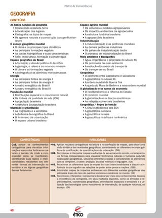 40
Matriz de Competências
Geografia
CONTEÚDO
Espaço agrário mundial
•	Os sistemas e modelos agropecuários
•	Os impactos ambientais da agropecuária
•	A estrutura fundiária brasileira
•	A agropecuária brasileira
Industrialização
•	A industrialização e as potências mundiais
•	As demais potências industriais
•	Os países de industrialização tardia
•	O processo de industrialização do Brasil
Meio ambiente e transportes
•	Água, importância e prioridade do século XXI
•	Os protocolos do meio ambiente
•	A evolução dos meios de transporte
•	Os transportes no Brasil
Geopolítica
•	O confronto entre capitalismo e socialismo
•	A geopolítica no século XX
•	A ordem mundial da Guerra Fria
•	A queda do Muro de Berlim e a nova ordem mundial
A globalização e os rumos da economia
•	O neoliberalismo e a reforma do Estado
•	O comércio mundial
•	A globalização e os blocos econômicos
•	As relações comerciais brasileiras
Geopolítica / Focos de tensão
•	A ONU e geopolítica dos EUA
•	A geopolítica europeia
•	A geopolítica na Ásia
•	A geopolítica na África e na América
As bases naturais da geografia
•	Conhecendo o planeta Terra
•	A localização dos lugares
•	Cartografia: os tipos de mapas
•	Os agentes naturais e a construção da superfície ter-
restre
O espaço geográfico mundial
•	O clima e os principais tipos climáticos
•	As principais formações vegetais
•	As bacias hidrográficas e suas características
•	Solo: importância, formação e conservação
Espaço geográfico do Brasil
•	A formação e divisão política do território
•	A geologia, o relevo e os recursos minerais
•	O clima e as formações vegetais
•	A hidrografia e os domínios morfoclimáticos
Energia
•	As principais fontes de energia I
•	As principais fontes de energia II
•	A matriz energética do Brasil I
•	A matriz energética do Brasil II
População mundial
•	Distribuição espacial e o crescimento natural
•	Os índices da qualidade de vida (IDH)
•	A população brasileira
•	A estrutura da população brasileira
Migração e urbanização
•	As migrações e a xenofobia
•	A dinâmica demográfica do Brasil
•	O fenômeno da urbanização
•	O espaço urbano brasileiro
Competências Habilidades
CA1.	 Aplicar os conhecimentos
cartográficos para visualizar infor-
mações acerca dos fenômenos na-
turais e sociais, de modo a com-
preender como se manifestam,
identificando suas razões e inten-
cionalidades resultantes das dife-
rentes formas de intervenção no
território e as lógicas geográficas
desses fenômenos.
H01.	 Aplicar recursos cartográficos na leitura e na confecção de mapas, para obter uma
visão sintética das realidades geográficas, considerando os diferentes recursos grá-
ficos de qualificação, de quantificação e de ordenação. (GIII)
H02.	 Reconhecer e interpretar mapas resultantes de sensoriamento remoto, considerando-
-os formas indispensáveis para visualizar fenômenos naturais e humanos segundo
localizações geográficas, utilizando diferentes escalas e considerando os elementos
que os compõem, a saber: projeção, escalas métricas e linguagem. (GII)
H03.	 Relacionar os diferentes tipos de mapas às suas intencionalidades e discutir a in-
fluência da cartografia nas relações de poder entre povos e nações. (GIII)
H04.	 Interpretar mapas de impactos ambientais em diferentes escalas geográficas das
principais áreas de risco de eventos sísmicos e vulcânicos no mundo. (GII)
H05.	 Reconhecer, interpretar, representar e localizar por meio dos conhecimentos básicos
a importância da cartografia, em seus múltiplos aspectos, como os símbolos e re-
presentações, coordenadas geográficas, delimitações espaciais e temporais e a uti-
lização das tecnologias como instrumento de intervenção, de qualquer natureza, no
espaço. (GII)
 