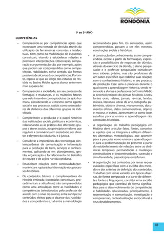 1º ao 3º ANO
COmpETêNCIAS
 •	   Compreende-se por competências ações que                   recomendada para fim. Os conteúdos, assim
      expressam uma tomada de decisão através da                 compreendidos, passam a ser eles mesmos,
      utilização de ferramentas concretas e intelec-             construções sociais e históricas.
      tuais, bem como da mobilização de esquemas
                                                           •	    A construção do conhecimento, assim compre-
      conceituais, visando a estabelecer relações e
                                                                 endida, ocorre a partir da formulação, expres-
      promover interpretações. Observação, compa-
                                                                 são e possibilidades de respostas de dúvidas.
      ração e argumentação são, por exemplo, ações
                                                                 Através do exercício da dúvida, o aluno pesqui-
      que podem ser compreendidas como compe-
                                                                 sador e o professor pesquisador consideram
      tências. Habilidades, nesse sentido, são formas
                                                                 seus saberes prévios, mas são produtores de
      possíveis de alcance das competências. Portan-
                                                                 um saber específico que redefine suas relações
      to, espera-se que ao longo dos estudos de His-
                                                                 com o conhecimento histórico e seu processo
      tória no Ensino Médio, que os alunos se tornem
                                                                 de produção. Esse seria o processo durante o
      mais capazes de:
                                                                 qual ocorre a aprendizagem histórica, sendo re-
 •	   Compreender a sociedade, em seu processo de                servado a alunos e professores do Ensino Médio
      formação e mudanças, e os múltiplos fatores                o desenvolvimento do pensar histórico. Livros,
      que nela intervêm como produtos da ação hu-                fontes orais, relatos, jornais, revistas, lendas,
      mana, considerando a si mesmo como agente                  música, literatura, obras de arte, fotografia, pa-
      social e aos processos sociais como orientado-             trimônio, vídeo e cinema, monumentos, docu-
      res da dinâmica dos diferentes grupos de indi-             mentos oficiais, datas comemorativas, objetos
      víduos.                                                    e museus e outros, apresentam-se como boas
                                                                 escolhas para o ensino e aprendizagem dos
 •	   Compreender a produção e o papel histórico
                                                                 conteúdos históricos.
      das instituições sociais, políticas e econômicas,
      relacionando-as às práticas dos diferentes gru-      •	    A organização do trabalho pedagógico em
      pos e atores sociais, aos princípios e valores que         História deve articular fatos, fontes, conceitos
      regulam a convivência em sociedade, aos direi-             e sujeitos que se integram e utilizam diferen-
      tos e deveres da cidadania, e à justiça.                   tes alternativas metodológicas, que apontem
                                                                 para a pesquisa como ensino e aprendizagem
 •	   Considerar a importância das tecnologias con-
                                                                 e para a problematização do presente a partir
      temporâneas de comunicação e informação
                                                                 do estabelecimento de relações entre as dinâ-
      para a produção de bens, serviços e conheci-
                                                                 micas temporais: permanências e mudanças,
      mentos, aplicando-as em planejamento, ges-
                                                                 continuidades e descontinuidades, sucessão e
      tão, organização e fortalecimento do trabalho
                                                                 simultaneidade, passado/presente/futuro.
      de equipe e de ações na vida cotidiana.
                                                           •	    A organização dos conteúdos por temas requer
 •	   Estabelecer relações entre continuidade/per-
                                                                 cuidados específicos com a escolha dos méto-
      manência e ruptura/transformação nos proces-
                                                                 dos e dos critérios de definição dos conteúdos.
      sos históricos.
                                                                 Trabalhar com temas variados em épocas diver-
 •	   Os conteúdos básicos e complementares da                   sas, de forma comparada e a partir de diferen-
      História ensinada (conteúdos conceituais, pro-             tes fontes e linguagens, constitui uma escolha
      cedimentais e atitudinais) são compreendidos               pedagógica que contribui de forma significa-
      como uma articulação entre as habilidades e                tiva para o desenvolvimento de competências
      competências (selecionadas pelo professor de               e habilidades relacionadas, principalmente, à
      acordo com o nível de ensino), entre os tópicos/           representação e comunicação, investigação e
      conteúdos eleitos para o alcance das habilida-             compreensão, contextualização sociocultural e
      des e competências e, tal entre a metodologia              seus desdobramentos.




                                                                                                                      159
 