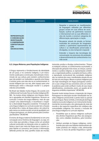 EIXO TEMÁTICO                     CONTEÚDOS                                     HABILIDADES

                                                                  - Respeitar e preservar as manifestações
                                                                    da linguagem utilizadas por diferentes
                                                                    grupos sociais em suas esferas de socia-
                                                                    lização; usufruir do patrimônio nacional
                                                                    e internacional com as suas diferentes vi-
 REpRESENTAÇÃO                                                      sões de mundo e construir categorias de
 E COmUNICAÇÃO                                                      diferenciação, apreciação e criação.
 INVESTIGAÇÃO
                                                                  - Recuperar, através do estudo, as formas
 E COmpREENSÃO
                                                                    instituídas de construção do imaginário
 CONTExTUALIZA-
                                                                    coletivo, o patrimônio representativo da
 ÇÃO
                                                                    cultura e as classificações preservadas e
 SOCIOCULTURAL
                                                                    divulgadas, no eixo temporal e espacial;
                                                                  - Entender o impacto das tecnologias da
                                                                    comunicação nos processos de produção
                                                                    e desenvolvimento do conhecimento e na
                                                                    vida social.

6.5. Língua materna, para populações Indígenas             transmite, produz e divulga conhecimentos: “Porque
                                                           as tradições culturais, os conhecimentos acumulados, a
                                                           educação das gerações mais novas, as crenças, o pensa-
A língua representa o fortalecimento da identidade         mento e a prática religiosa, as representações simbóli-
de um povo, e no contexto indígena, é um instru-           cas, a organização política, os projetos de futuro, enfim,
mento usado para a construção, manutenção e trans-         a reprodução sociocultural das sociedades indígenas
missão de sua cultura, pois existem conhecimentos          são, na maioria dos casos, manifestados através do uso
que não podem ser traduzidos e quando esta língua          de mais de uma língua. Mesmo os povos indígenas que
é extinta, junto com elas vão-se os conhecimentos. A       são hoje monolíngues em língua portuguesa continu-
escola indígena por sua vez, abre espaço para uma          am a usar a língua de seus ancestrais como um símbo-
interlocução entre a educação escolar e a própria          lo poderoso para onde confluem muitos de seus traços
vida da comunidade.                                        identificatórios, constituindo, assim, um quadro de bi-
No Brasil são faladas muitas línguas. De acordo com        linguismo simbólico importante.” (RCNEI/99).
o Referencial Curricular Para as Escolas Indígenas/RC-     Durante muito tempo houve a imposição da Língua
NEI, há muitas etnias indígenas com línguas distin-        Portuguesa na educação escolar introduzida nas es-
tas e agrupadas em famílias linguísticas. Acrescer ao      colas indígenas provocando a perda total ou parcial
currículo o ensino da Língua Materna, mais do que          de suas línguas. Nesse sentido, a introdução da língua
cumprir uma determinação, é reconhecer e respei-           materna na escola indígena é um instrumento funda-
tar a diversidade linguística existente: “A inclusão de    mental de reconstrução e de valorização da visão de
uma língua indígena no currículo escolar tem a função      mundo e dos aspectos específicos do cotidiano das
de atribuir-lhe o status de língua plena e de colocá-la,   comunidades indígenas. Em resumo, a inclusão de
pelo menos no cenário escolar, em pé de igualdade com      uma língua indígena no currículo objetiva:
a língua portuguesa, um direito previsto pela Constitui-
                                                            •	   Possibilitar que os alunos indígenas usufruam
ção Brasileira.” (RCNEI/99).
                                                                 dos direitos linguísticos que lhes são assegura-
O ensino de língua materna fundamenta-se em uma                  dos como cidadãos brasileiros, pela Constitui-
concepção sócio-histórica da linguagem, ou seja, em              ção;
uma visão que perceba a língua como um produto
                                                            •	   Atribuir prestígio às línguas indígenas, contri-
cultural construído na interação entre os sujeitos fa-
                                                                 buindo para que seus falantes desenvolvam ati-
lantes e que é por meio da língua que o mesmo su-
                                                                 tudes positivas em relação a elas, diminuindo
jeito falante se comunica, tem acesso à informação,
                                                                 assim, os riscos de perdas linguísticas e garan-
defende pontos de vista, partilha visões de mundo,

                                                                                                                        61
 