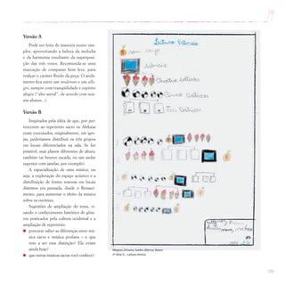 109
Versão A
Pode ser feita de maneira muito sim-
ples, aproveitando a beleza da melodia
e da harmonia resultante da superposi-
ção das três vozes. Recomenda-se uma
marcação de compasso bem leve, para
realçar o caráter fluido da peça. O anda-
mento fica entre um moderato e um alle-
gro, sempre com tranqüilidade e espírito
alegre (“alto astral”, de acordo com nos-
sos alunos...).
Versão B
Inspirados pela idéia de que, por per-
tencerem ao repertório sacro os Aleluias
eram executados, originalmente, em igre-
jas, poderíamos distribuir os três grupos
em locais diferenciados na sala. Se for
possível, usar planos diferentes de altura,
também (se houver escada, ou um andar
superior com janelas, por exemplo).
A espacialização de uma música, ou
seja, a exploração do espaço acústico e a
distribuição de fontes sonoras em locais
distintos era pensada, desde o Renasci-
mento, para aumentar o efeito da música
sobre os ouvintes.
Sugestões de ampliação do tema, vi-
sando o conhecimento histórico de gêne-
ros praticados pela cultura ocidental e a
ampliação de repertório:
procurar saber as diferenças entre mú-
sica sacra e música profana – o que
vem a ser essa distinção? Ela existe
ainda hoje?
que outras músicas sacras você conhece?
Wagner,Drisana,Suelen,Marcos,Natan
2ª Série G – Leitura rítmica
 