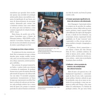 10
entendemos que aprender Artes envolve
não apenas uma atividade de produção
artística pelos alunos, mas também a con-
quista da significação do que fazem, por
meio do desenvolvimento da percepção
estética, alimentada pelo contato com
o fenômeno artístico visto como objeto
de cultura por meio da história e como
conjunto organizado de relações formais.
(PCN – Artes)
Desta forma, de acordo com as Pro-
postas Curriculares para o Ensino da
Educação Artística – SEE/CENP e os Pa-
râmetros Curriculares Nacionais -MEC,
são três os eixos articuladores do processo
de ensino e aprendizagem em Arte:
1.Produção em Arte: o fazer artístico
É o próprio ato de criar, construir, pro-
duzir. São os momentos em que a criança
desenha, pinta, esculpe, modela, recorta,
cola, canta, toca um instrumento, compõe,
atua, dança, representa, constrói persona-
gens, simboliza...
Esse processo de pensar/construir/fa-
zer lúdico e estético inclui atos técnicos
e inventivos de transformar, de produzir
formas novas a partir da matéria oferecida
pelo mundo da natureza e da cultura onde
vive esse aluno. É necessário pesquisar,
experimentar incessantemente na busca
do signo que representará a sua idéia. Esse
fazer é exclusivo de cada um, por isso mes-
mo cada produção artística tem a marca
única de quem a fez, porque é a maneira
particular de cada ser humano exteriorizar
sua visão de mundo, sua forma de pensar
e sentir a vida.
2. Fruição: apreciação significativa da
Arte e do universo a ela relacionado
Arte é linguagem. A apreciação estética
é o próprio ato de perceber, ler, analisar,
interpretar, criticar, refletir sobre um texto
sonoro, pictórico, visual, corporal. Supõe
a decodificação dos signos das linguagens
da arte, o estudo de seus elementos, sua
composição, técnica, organização formal,
qualidades, etc. É uma “conversa” entre
o apreciador e a obra, em que estão pre-
sentes também a intuição, a imaginação, a
percepção.
O professor deverá proporcionar a
seus alunos a leitura das mais diversas
obras de Arte e produtos artísticos, de
todas as épocas, povos, países, culturas,
gêneros, estilos, movimentos, técnicas, au-
tores, artistas..., assim como as produções
da própria classe envolvida.
3. Reflexão: a Arte é produto da
história e da multiplicidade
das culturas humanas
Além do fazer e do apreciar arte, é de
fundamental importância a contextuali-
zação da obra de arte; todo o panorama
social, político, histórico cultural em que
foi produzida; como ela se insere no mo-
mento de sua produção e como esse mo-
mento se reflete nela. Pensar a Arte como
objeto de conhecimento. É a história da
produção artística. De que outra forma
Diretoria de Ensino de Americana / Arte – Ciclo I
Projeto No País das Maravilhas
EE Fabio Junqueira Franco / 4ª Série / Profª.Vera Lúcia
Alice no País das Maravilhas
Diretoria de Ensino de Sertãozinho / Arte – Ciclo I
EE Adelino Bazan
 