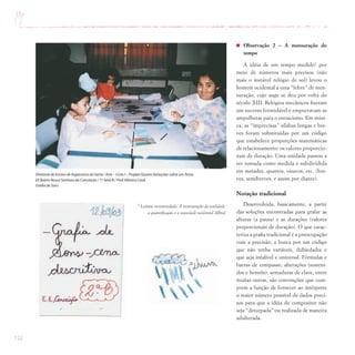 122
Observação 2 – A mensuração do
tempo
A idéia de um tempo medido2
por
meio de números mais precisos (não
mais o instável relógio de sol) levou o
homem ocidental a uma “febre” de men-
suração, cujo auge se deu por volta do
século XIII. Relógios mecânicos fizeram
um sucesso formidável e empurravam as
ampulhetas para o ostracismo. Em músi-
ca, as “imprecisas” sílabas longas e bre-
ves foram substituídas por um código
que estabelece proporções matemáticas
de relacionamento: os valores proporcio-
nais de duração. Uma unidade passou a
ser tomada como medida e subdividida
em metades, quartos, oitavos, etc. (bre-
ves, semibreves, e assim por diante).
Notação tradicional
Desenvolvida, basicamente, a partir
das soluções encontradas para grafar as
alturas (a pauta) e as durações (valores
proporcionais de duração). O que carac-
teriza a grafia tradicional é a preocupação
com a precisão, a busca por um código
que não tenha variáveis, dubiedades e
que seja infalível e universal. Fórmulas e
barras de compasso, alterações (susteni-
dos e bemóis), armaduras de clave, entre
muitas outras, são convenções que cum-
prem a função de fornecer ao intérprete
o maior número possível de dados preci-
sos para que a idéia do compositor não
seja “deturpada” ou realizada de maneira
adulterada.
Diretoria de Ensino de Itapecerica da Serra / Arte – Ciclo I – Projeto Quatro Variações sobre umTema
EE Bairro Nossa Senhora da Conceição / 1ª Série B / Prof.Mônica Cook
Grafia de Sons
2
Leitura recomendada: A mensuração da realidade
a quantificação e a sociedade ocidental Alfred
 