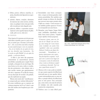 125
e) linhas, pontos, rabiscos, manchas, es-
pirais, desenhos não-figurativos ou geo-
métricos;
f) animais, objetos, corações, elementos
da natureza tais como nuvens, estrelas,
raios, ou qualquer outra coisa que tenha
sido evocada por meio daquele som;
g) palavras, sílabas e expressões onoma-
topaicas (como aquelas típicas de gibis:
crash, poft, tsc tsc, tóim etc);
h) ?????????
Essa riqueza de respostas servirá para que
cada aluno exponha, para si e para os ou-
tros, as razões que o levaram a tal resulta-
do. (...Ah, eu desenhei uma linha comprida
ou uma espiral porque o som era comprido.
...Eu, já me lembrei de um apito de trem,
por isso desenhei uma locomotiva... Eu
vi escrito no gibi Pííííííííí´ de um apito do
guarda... e assim por diante).
A idéia é, por meio das perguntas,
conscientizar as características sonoras
percebidas e passadas para o papel. Nesse
exemplo, a duração de um som longo. De
uma forma ou de outra, todos os resulta-
dos são pertinentes e têm relação com o
som ouvido, mesmo que aparentemente
nós não o captemos. É na fala da criança,
em sua descrição do ouvido e do grafado,
que ela explicitará sua opção.
Mesmo não tendo sido “cientificamen-
te comprovado por nenhum laboratório”
há certas tendências que se repetem em
crianças pequenas (até 8 ou 9 anos) e que
têm sido usadas com freqüência por com-
positores:
a) Intensidades: sons fortes correspon-
dem a traços ou formas grandes, total-
mente preenchidas. Há, também uma
grande energia na feitura do desenho
que provoca uma maior pressão sobre
o lápis ou a caneta. Cores escuras e vi-
vas também podem aparecer. O inver-
so corresponde aos sons fracos.
b) Durações: sons longos: longas linhas
retas, onduladas, espiraladas, enove-
ladas. Sons curtos: pontos, “vírgulas”,
traços rápidos, formas pequenas.
(Conversa à parte: uma vez, de-
pois de ter “ditado” um som lon-
go, uma criança de 6 anos trouxe
como resultado um ponto bem
“gordinho”, feito com canetinha
hidrocor. Confesso que fiquei des-
concertada.... Normalmente os
pontos representam sons curtos...
Sua descrição foi a seguinte: “eu fi-
quei com a caneta nesse lugar até
o som parar, e como ele vinha lá de
cima, é como se ele furasse o papel
e continuasse descendo. Você viu
que o papel furou mesmo?”)
c) Alturas: se for o caso, pode-se estabele-
cer que a parte superior da folha ficará
reservada para os sons agudos (altos),
a parte intermediária para os sons mé-
dios e a porção inferior da folha ficará
para os sons graves. Esta convenção
que, como vimos, tem mais de mil anos
de tradição, tem sido mantida pela
maioria dos compositores.
d) Timbres: este é o mais difícil parâ-
Arte – Ciclo I – Projeto Quatro Variações sobre umTema
EE Bairro Sinhá Pantoja / Sul 2 / Profª.Vânia
 