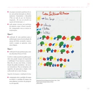 127
um grupo executará a partitura do ou-
tro, sem prévias instruções ou direcio-
namentos. Comentários e discussões
(“Não era nada do que nós havíamos
imaginado... Ah, mas esse desenho nos
sugeriu tal interpretação...).
cada grupo executa sua partitura,
da maneira como a havia concebi-
do, comparando com as outras in-
terpretações.
Opus 2
confecção de uma partitura para a
ambientação sonora da introdução do
cânone do Grilo, recriando e reescre-
vendo a canção, se quiserem, como
uma colagem.
Opus 3
confecção de uma partitura para a mú-
sica descritiva Chuva de Verão.
Lembrete: todas as partituras gráficas guar-
dam uma grande margem de imprecisão
e indefinição. É sua natureza e proposta.
Elas têm, de uma certa forma, a mesma
função das grafias neumáticas – são recur-
sos mnemônicos. Para os intérpretes, são
sugestões, são guias para a criação e este
acaba sendo um co-autor da peça.
Sugestões de pesquisa e ampliação do tema:
comparação entre a medição do tempo
na música e a medição do espaço nas
artes plásticas (a técnica da perspecti-
va, em especial);
Diretoria de Ensino de Itapecerica da Serra / Arte – Ciclo I
Projeto Quatro Variações sobre umTema
Leitura rítmica
 
