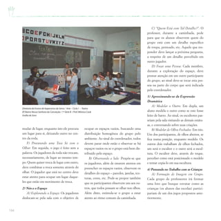 164
mudar de lugar, enquanto isto ele procura
um lugar para si, deixando outro no cen-
tro da roda.
F) Procurando uma Toca Só com o
Olhar: Em seguida, o jogo é feito sem a
palavra. Os jogadores da roda não trocam,
necessariamente, de lugar ao mesmo tem-
po. Quem quiser troca de lugar com outro,
deve combinar a troca somente através do
olhar. O jogador que está no centro deve
estar atento para ocupar um lugar daque-
les que estão em movimento de troca.
2) Nós e o Espaço
A) Explorando o Espaço: Os jogadores
deslocam-se pela sala com o objetivo de
C) “Quem Está com Tal Detalhe?”: O
professor, durante a caminhada, pede
para que os alunos observem quem do
grupo está com um detalhe específico
de roupa, penteado, etc. Aquele que res-
ponder deve lançar a próxima pergunta,
a respeito de um detalhe percebido em
outro jogador.
D) Focar uma Pessoa: Cada membro,
durante a exploração do espaço, deve
prestar atenção em um outro participante
do grupo, ao sinal deve-se tocar esta pes-
soa na parte do corpo que será indicada
pelo coordenador.
3) Aproximando-se da Expressão
Dramática
A) Modelar o Outro: Em dupla, um
aluno modela o outro como se este fosse
feito de barro. Ao sinal, os escultores pas-
seiam pela sala visitando as demais estátu-
as, e conversando sobre suas criações.
B) Modelar de Olhos Fechados: Em trio.
Um dos participantes, de olhos abertos, se
fixa numa posição, enquanto modelo. Os
outros dois trabalham de olhos fechados,
um será o escultor e o outro será a escul-
tura. O escultor deve, através do toque,
perceber como está posicionado o modelo
e tentar copia-lo em sua escultura.
4) Pensando no Trabalho com as Crianças
A) Formação de Imagem em Grupo:
Cada grupo de professores irá formar
uma foto que busque retratar como as
crianças (os alunos das escolas) partici-
pariam de um dos jogos propostos ante-
riormente.
ocupar os espaços vazios, buscando uma
distribuição homogênea do grupo pelo
ambiente. Ao sinal do coordenador, todos
devem parar onde estão e observar se há
espaços vazios ou se o grupo está bem dis-
tribuído pelo espaço.
B) Observando a Sala: Propõe-se que
os jogadores, além de estarem atentos em
preencher os espaços vazios, observem os
detalhes do espaço – paredes, janelas, tex-
turas, cores, etc. Pode-se propor também
que os participantes observem uns aos ou-
tros, que todos possam se olhar nos olhos.
Além disto, estimula-se o grupo a estar
atento ao ritmo comum da caminhada.
Diretoria de Ensino de Itapecerica da Serra / Arte – Ciclo I – Teatro
EE Bairro Nossa Senhora da Conceição / 1ª Série B / Prof.Mônica Cook
Grafia de Sons
 