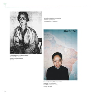 180
A Estudante Russa (1915),de Anita Malfatti.
Dimensões:76 cm x 61 cm.
Instituto de Estudos Brasileiros,
São Paulo
Estudante Brasileira (2004),criação coletiva
Dimensões: 1,20 cm x 0,80 cm.
EE Profª.Aparecida Lopes Ramos,
Oriente – São Paulo
Recriando a situação em uma nova,que
receberá o seguinte título:
“Como seria bom se fosse assim”
 