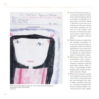 202
Antes de dar início à proposta, se-
ria interessante realizar um levanta-
mento coletivo de palavras relativas
às sensações, às qualidades de es-
paço, tempo e de atitudes. Depois
o educador faz uma roda com as
crianças para cada uma expressar
cada palavra enunciada com um
gesto no ar. Por exemplo: como
será que é o movimento que repre-
sente o quente, o azedo, o áspero, o
apertado, o engraçado e assim por
diante.
Depois de registrar no papel gestos
que expressem cada palavra, no-
tar que para cada gesto/palavra, a
criança deve utilizar uma folha de
papel diferente, com o intuito de fi-
car bem claro as distintas maneiras
de utilização do campo bidimen-
sional e a compreensão do espaço.
Observar em conjunto tudo o que
foi produzido: o traço, a forma, a
cor, a textura, o ritmo, a direção, a
espessura, a inserção no campo do
papel (plano inferior, médio, su-
perior), a expressividade da linha,
manifesta pelas variações de inten-
sidade, espessura e direção.
Depois seria interessante estender
essa atividade para outros materiais
como o barro e a tinta, observando
que cada enunciação (forte, quen-
te, áspero, caprichoso, macio, alto,
etc...) vai propor uma maneira dife-
rente de a criança trabalhar o ma-
terial: gestos leves, fortes, rápidos,
Diretoria de Ensino de Jaú (Igaraçu doTietê) / Arte – Ciclo I – Projeto O Corpo e suas Apresentações
EE JoãoTuschi / 3ª Série A / Profª.Sônia Pires
Auto-retrato
 