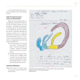 217
6. na exposição apenas deve estar vi-
sível ao espectador o que é essencial para
ser visto.
Atelier IV: O jogo da criação: o
corpo e suas apresentações
Depois de termos experimentado vá-
rias atividades e procedimentos (ateliers I,
II e III), este último encontro tem como
propósito a apropriação de um imaginá-
rio pessoal, através do desenvolvimento
de um trabalho que envolva as experiên-
cias vividas e informações adquiridas nos
encontros anteriores, com o intuito de
formalizarmos uma síntese, considerando
nosso tema gerador O corpo e suas apre-
sentações. Esta experiência pode, natural-
mente, ser transposta para a sala de aula
como um trabalho final.
A partir da pergunta “o que pede
meu corpo?” e da observação de
todo o material produzido nos
3 ateliers , realizar um trabalho
pessoal que sintetize a tua expe-
riência.
Cada atelier deve reservar 15 minu-
tos finais para os trabalhos serem
“expostos” em suas respectivas sa-
las, para que depois todos os educa-
dores possam circular e ver tudo o
que foi produzido neste encontro.
Sugestão de bibliografia:
Abramovich, Fanny. O estranho mundo
que se mostra às crianças. Summus Edi-
torial. SP. 1983
Diretoria de Ensino de Jaú (Igaraçu doTietê) / Arte – Ciclo I Projeto O Corpo e suas Representações
EE JoãoTuschi / 3ª Série C / Profª. Sônia Pires Almeida
Modificação: Mãos
 