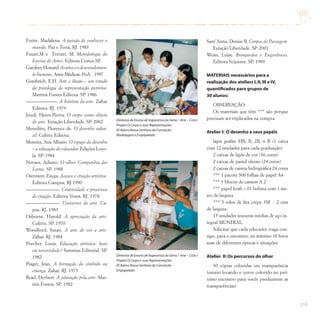 219
Freire, Madalena. A paixão de conhecer o
mundo. Paz e Terra. RJ. 1983
Fusari,M e Ferrari. M. Metodologia do
Ensino de Artes. Editora Cortez.SP.
Gardner,Howard.Asarteseodesenvolvimen-
to humano. Artes Médicas. PoA. 1997
Gombrich, E.H. Arte e ilusão – um estudo
da psicologia da representação pictórica.
Martins Fontes Editora. SP. 1986
–––––––––––––. A história da arte. Zahar
Editora. RJ. 1979
Jeudi, Henri-Pierra. O corpo como objeto
de arte. Estação Liberdade. SP. 2002
Merediéu, Florence de. O desenho infan-
til. Cultrix Editora.
Moreira, Ana Albano. O espaço do desenho
– a educação do educador. Edições Loyo-
la. SP. 1984
Novaes, Adauto. O olhar. Companhia das
Letras. SP. 1988
Ostrower, Fayga. Acasos e criação artística.
Editora Campus. RJ.1990
––––––––––––––. Criatividade e processos
de criação. Editora Vozes. RJ. 1978
––––––––––––––. Universos da arte. Ca-
pus. RJ. 1983
Osborne, Harold. A apreciação da arte.
Cultrix. SP. 1970
Woodford, Susan. A arte de ver a arte.
Zahar. RJ. 1984
Porcher, Louis. Educação artística: luxo
ou necessidade? Summus Editorial. SP.
1982
Piaget, Jean. A formação do símbolo na
criança. Zahar. RJ. 1975
Read, Herbert. A educação pela arte. Mar-
tins Fontes. SP. 1982
Sant’Anna, Denise B. Corpos de Passagem.
Estação Liberdade. SP. 2001
Weiss, Luise. Brinquedos e Engenhocas.
Editora Scipione. SP. 1989
MATERIAIS necessários para a
realização dos ateliers I,II,III e IV,
quantificados para grupos de
30 alunos:
OBSERVAÇÃO:
Os materiais que têm *** são porque
precisam ser triplicados na compra
Atelier I: O desenho e seus papéis
lápis grafite HB, B, 2B, 6 B (1 caixa
com 12 unidades para cada graduação)
2 caixas de lápis de cor (36 cores)
2 caixas de pastel oleoso (24 cores)
2 caixas de caneta hidrográfica 24 cores
*** 1 pacote 500 folhas de papel A4
*** 3 blocos de canson A 2
*** papel kraft – 01 bobina com 1 me-
tro de largura
*** 5 rolos de fita crepe 3M - 2 cms
de largura
15 unidades tesouras médias de aço in-
tegral MUNDIAL.
Solicitar que cada educador traga con-
sigo, para o encontro, no mínimo 10 fotos
suas de diferentes épocas e situações
Atelier II: Os percursos do olhar
30 cópias coloridas em transparência
(estarei levando o xerox colorido no pró-
ximo encontro para vocês produzirem as
transparências)
Diretoria de Ensino de Itapecerica da Serra / Arte – Ciclo I
Projeto O Corpo e suas Representações
EE Bairro Nossa Senhora da Conceição
Modelagem e Empapelado
Diretoria de Ensino de Itapecerica da Serra / Arte – Ciclo I
Projeto O Corpo e suas Representações
EE Bairro Nossa Senhora da Conceição
Empapelado
 