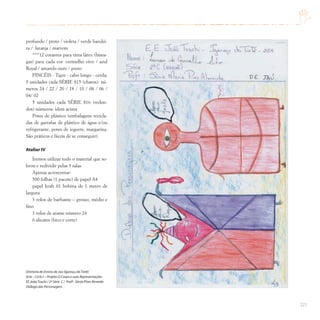 221
profundo / preto / violeta / verde bandei-
ra / laranja / marrom
***12 corantes para tinta látex (bisna-
gas) para cada cor :vermelho vivo / azul
Royal / amarelo ouro / preto
PINCÉIS - Tigre - cabo longo - cerda:
5 unidades cada SÉRIE 815 (chatos): nú-
meros 24 / 22 / 20 / 18 / 10 / 08 / 06 /
04/ 02
5 unidades cada SÉRIE 816 (redon-
dos) números: idem acima
Potes de plástico (embalagens recicla-
das de garrafas de plástico de água e/ou
refrigerante, potes de iogurte, margarina.
São práticos e fáceis de se conseguir).
Atelier IV
Iremos utilizar todo o material que so-
brou e redividir pelas 3 salas
Apenas acrescentar:
500 folhas (1 pacote) de papel A4
papel kraft 01 bobina de 1 metro de
largura
3 rolos de barbante – grosso, médio e
fino
3 rolos de arame número 24
6 alicates (bico e corte)
Diretoria de Ensino de Jaú (Igaraçu doTietê)
Arte – Ciclo I – Projeto O Corpo e suas Representações
EE JoãoTuschi / 2ª Série C / Profª. Sônia Pires Almeida
Diálogo das Personagens
 