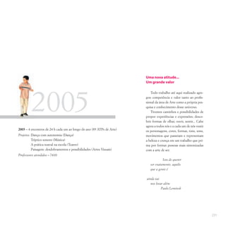 231
2005 – 4 encontros de 24 h cada um ao longo do ano (89 ATPs de Arte)
Projetos: Dança com autonomia (Dança)
Tríptico sonoro (Música)
A prática teatral na escola (Teatro)
Paisagem: desdobramentos e possibilidades (Artes Visuais)
Professores atendidos – 7410
Uma nova atitude...
Um grande valor
Todo trabalho até aqui realizado agre-
gou competência e valor tanto ao profis-
sional da área de Arte como a própria pes-
quisa e conhecimento desse universo.
Tivemos caminhos e possibilidades de
propor experiências e expressões; desco-
brir formas de olhar, ouvir, sentir... Cabe
agora a todos nós e a cada um de nós vestir
os personagens, cores, formas, tons, sons,
movimentos que passeiam e representam
a beleza e crença em um trabalho que pri-
ma por formar pessoas mais sintonizadas
com a arte de ser.
Isso de querer
ser exatamente, aquilo
que a gente é
ainda vai
nos levar além
Paulo Leminsk
2005
2005
 