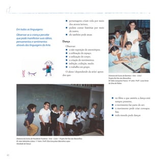 40
personagens criam vida por meio
dos atores/atrizes;
podem contar histórias por meio
do teatro;
ele também pode atuar.
Dança
Observar:
a não repetição de estereótipos;
a utilização do espaço;
a utilização do corpo;
a criação de movimentos;
inibição, exibição, medo;
o trabalho em grupo.
O aluno (dependendo da série) apren-
deu que:
Em todas as linguagens:
Observar se a criança percebe
que pode manifestar suas idéias,
pensamentos e sentimentos
através das linguagens da Arte.
Diretoria de Ensino de Presidente Prudente / Arte – Ciclo I – Projeto No País das Maravilhas
EE João Sebastião Lisboa / 1ª Série / Profª.Elza Gonçalves Marcelino Lopes
Atividade de Dança
Diretoria de Ensino de Barretos / Arte – Ciclo I
Projeto No País das Maravilhas
EE Fabio Junqueira Franco / 4ª.série / Profª. Luisa Amar
da Silva de Pádua
no filme a que assistiu a dança está
sempre presente;
o movimento faz parte do ser;
o movimento pode criar coreogra-
fias;
todo mundo pode dançar.
 