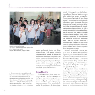 62
çarinos profissionais (porém não deixar
de percebê-los), é o de permitir a vivência
de possibilidades infinitas do universo do
movimento, estimulando a experiência do
sistema corporal em um amplo sentido: ex-
periência, criação/produção e análise/apre-
ciação artística (novamente, entendendo
corporal como uma totalidade intelectual,
emocional, perceptiva, física, etc.).
Dança Educativa
“Dança Educativa” é um termo cria-
do por Rudolf Laban2
(1879-1958), um
estudioso da movimentação humana que
deixou um legado precioso para a ciên-
cia do movimento. Criou um método de
análise do movimento e de dança educa-
cional. Foi coreógrafo e um dos fundado-
res da Dança Moderna. Realizou estudos
sobre eficiência e cansaço no trabalho.
Tornou possível a criação de uma dança
pessoal e expressiva, ao mesmo tempo que
valorizava o prazer das pessoas dançarem
em grupo. Os Temas de Movimento de Ru-
dolf Laban são material básico de aprendi-
zagem e ensino para professores em todo o
mundo. Seu método é eficaz para profissio-
nais de diferentes áreas ligadas à expressão
do corpo. Laban estudou e frisava enfati-
camente a importância da conscientização
das influências recíprocas e simultâneas
entre a ação e os processos intelectuais e
emocionais. Em todos seus escritos deixou
claro que quando empregava a palavra cor-
po ou corporal, estava querendo significar
todos os aspectos do corpo.
A técnica tradicional de Ensino da Dan-
ça se ocupa do domínio dos movimentos
específicos para determinados tipos de dan-
ça. Como é sabido, o domínio de exercícios
físicos isolados não reforça a consciência
do movimento. A Dança Educativa abran-
ge mais que a dança no sentido restrito que
esta por vezes desempenha, sendo apenas
um aprendizado de passos.
É importante estudar e analisar um
movimento em particular, conhecer e
treinar diferentes modalidades, técnicas
e esportes. No entanto, a Dança Educati-
va nos “educa”, artística e criativamente,
para a compreensão, prática e apreciação
das inúmeras e variadas manifestações de
movimento sejam eles gestos, posturas,
passos, ou movimentos sucessivos, simul-
Diretoria de Ensino de Americana
Arte – Ciclo I – Projeto Quatro Variações sobre umTema
EE Profª.Maura Arruda Guidolin
Criações / Música descritiva / “Chuva de Verão”
2 O presente material e proposta de Ensino da
Dança baseia-se nas idéias de Laban e de pensadores
que atualizaram sua forma de tratamento do
movimento, entre eles: Bartenieff,1980; Dell, 1970;
Maria Duschenes 1970 e 1977-1999; Kestenberg
1977; Newlove, 1995; North 1973; Valerie Preston-
Dunlop 1963, 1980, 1998 e 2000 ; Russel 1958 e
1975 e Monica A.. Serra 1977, 1979, 1993 e 2000).
 