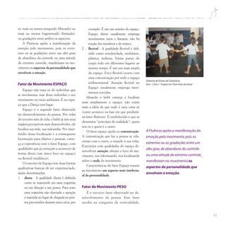 65
to: mais ou menos integrado (liberado) ou
mais ou menos fragmentado (limitado),
ou gradações entre ambos os aspectos.
A Fluência apóia a manifestação da
emoção pelo movimento, pois os extre-
mos ou as gradações entre um alto grau
de abandono do controle ou uma atitude
de extremo controle, manifestam no mo-
vimento os aspectos da personalidade que
envolvem a emoção.
Fator de Movimento ESPAÇO
Espaço não trata só do indivíduo que
se movimenta, mas deste indivíduo e seu
movimento no meio ambiente. É no espa-
ço que a Dança tem lugar.
Espaço é o segundo fator observado
no desenvolvimento da pessoa. Por volta
do terceiro mês de vida, o bebê já tem seus
órgãos perceptivos mais desenvolvidos, ele
focaliza sua mãe, sua mãozinha. Por inter-
médio dessa focalização e a consequente
locomoção para objetos e pessoas, come-
ça a experiência com o fator Espaço, com
qualidades que já começam a acontecer de
forma direta (um único foco no espaço)
ou flexível (multifoco).
O conceito de Espaço tem duas formas
qualitativas básicas de ser experienciado,
assim denominadas:
1 - direta - A qualidade direta é definida
como se mantendo em uma trajetória
ou em direção a um ponto. Para reter
uma trajetória não desviada a atenção
é mantida no lugar de chegada ou pon-
tos percorridos durante uma curva, por
exemplo. É um uso restrito do espaço.
Espaço direto usualmente emprega
movimentos retos e lineares, não há
torção dos membros e do tronco.
2 - flexível - A qualidade flexível é defi-
nida como arredondada, ondulante,
plástica, indireta. Várias partes do
corpo indo em diferentes lugares ao
mesmo tempo. É um uso mais amplo
do espaço. Foco flexível ocorre com
uma concentração por todo o espaço
tridimensional. Atenção flexível no
Espaço usualmente emprega movi-
mentos torcidos.
Quando o bebê começa a focalizar
mais amplamente o espaço, não existe
mais a idéia de que tudo é uma coisa só
(como acontece na fase em que predomi-
na fator fluência). É estabelecido o que se
denomina “princípio de realidade”; quem
sou eu e quem é o outro.
O fator espaço ajuda na comunicação.
A comunicação que faz a pessoa se rela-
cionar com o outro, o mundo à sua volta.
Exercícios com qualidades do espaço de-
senvolvem atenção, afetam o foco do mo-
vimento, nos informando, nos localizando
sobre o onde do movimento.
Características do fator Espaço trazem
ao movimento um aspecto mais intelectu-
al da personalidade.
Fator de Movimento PESO
É o terceiro fator observado no de-
senvolvimento da pessoa. Este fator
auxilia na conquista da verticalidade.
Diretoria de Ensino de Catanduva
Arte – Ciclo I – Projeto UmTrem Feito de Gente
A Fluência apóia a manifestação da
emoção pelo movimento,pois os
extremos ou as gradações entre um
alto grau de abandono do controle
ou uma atitude de extremo controle,
manifestam no movimento os
aspectos da personalidade que
envolvem a emoção.
 