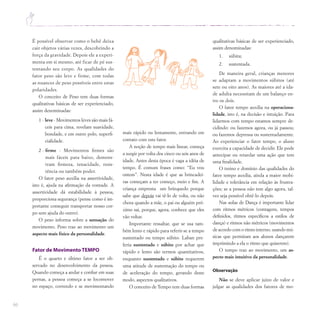 66
É possível observar como o bebê deixa
cair objetos várias vezes, descobrindo a
força da gravidade. Depois ele a experi-
menta em si mesmo, até ficar de pé sus-
tentando seu corpo. As qualidades do
fator peso são leve e firme, com todas
as nuances de peso possíveis entre estas
polaridades.
O conceito de Peso tem duas formas
qualitativas básicas de ser experienciado,
assim denominadas:
1 - leve - Movimentos leves são mais fá-
ceis para cima, revelam suavidade,
bondade, e em outro polo, superfi-
cialidade.
2 - firme - Movimentos firmes são
mais fáceis para baixo, demons-
tram firmeza, tenacidade, resis-
tência ou também poder.
O fator peso auxilia na assertividade,
isto é, ajuda na afirmação da vontade. A
assertividade dá estabilidade à pessoa,
proporciona segurança (pense como é im-
portante conseguir transportar nosso cor-
po sem ajuda do outro).
O peso informa sobre a sensação do
movimento. Peso traz ao movimento um
aspecto mais físico da personalidade.
Fator de Movimento TEMPO
É o quarto e último fator a ser ob-
servado no desenvolvimento da pessoa.
Quando começa a andar e confiar em suas
pernas, a pessoa começa a se locomover
no espaço, correndo e se movimentando
qualitativas básicas de ser experienciado,
assim denominadas:
1. súbita;
2. sustentada.
De maneira geral, crianças menores
se adaptam a movimentos súbitos (até
sete ou oito anos). As maiores até a ida-
de adulta necessitam de um balanço en-
tre os dois.
O fator tempo auxilia na operaciona-
lidade, isto é, na decisão e intuição. Para
lidarmos com tempo estamos sempre de-
cidindo: ou fazemos agora, ou já passou;
ou fazemos depressa ou sustentadamente.
Ao experienciar o fator tempo, o aluno
exercita a capacidade de decidir. Ele pode
antecipar ou retardar uma ação que tem
uma finalidade.
O treino e domínio das qualidades do
fator tempo auxilia, ainda a maior mobi-
lidade e tolerância em relação às frustra-
ções; se a pessoa não tem algo agora, tal-
vez seja possível obtê-lo depois.
Nas aulas de Dança é importante lidar
com ritmos métricos (contagens, tempos
definidos, ritmos específicos a estilos de
dança) e ritmos não métricos (movimentos
de acordo com o ritmo interno, usando mú-
sicas que permitam aos alunos dançarem
imprimindo a ela o ritmo que quiserem).
O tempo traz ao movimento, um as-
pecto mais intuitivo da personalidade.
Observação
Não se deve aplicar juízo de valor e
julgar as qualidades dos fatores de mo-
mais rápido ou lentamente, entrando em
contato com este fator.
A noção de tempo mais linear, começa
a surgir por volta dos cinco ou seis anos de
idade. Antes desta época é vaga a idéia de
tempo. É comum frases como: “Eu vou
ontem”. Nesta idade é que as brincadei-
ras começam a ter começo, meio e fim. A
criança empresta um brinquedo porque
sabe que depois vai tê-lo de volta, ou não
chora quando a mãe, o pai ou alguém pró-
ximo sai, porque, agora, conhece que eles
vão voltar.
Importante ressaltar, que se usa tam-
bém lento e rápido para referir-se a tempo
sustentado ou tempo súbito. Laban pre-
feria sustentado e súbito por achar que
rápido e lento são termos quantitativos,
enquanto sustentado e súbito requerem
uma atitude de sustentação do tempo ou
de aceleração do tempo, gerando deste
modo, aspectos qualitativos.
O conceito de Tempo tem duas formas
 