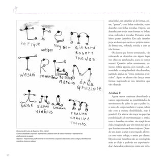 80
uma linha), um desenho só de formas, coi-
sas, “gentes”, com linhas redondas, outro
desenho com linhas torcidas. Depois, um
desenho com todas essas formas ou linhas:
retas, redondas e torcidas. Portanto, serão
feitos quatro desenhos. Em cada desenho
peça ao aluno que escreva o próprio nome;
de forma reta, redonda, torcida e com as
três formas.
Os alunos que forem terminando, vão
colocando os desenhos em algum lugar
(no chão ou pendurados, para os outros
verem). Quando todos terminarem, co-
mente, reflita, aprecie, por exemplo, a di-
versidade e a singularidade dos desenhos,
partindo apenas de “retos, redondos e tor-
cidos”. Agora os alunos vão dançar essas
formas inspirando-se nos desenhos que
vão olhando.
Atividade B
Agora vamos continuar desenhando e
vamos experimentar as possibilidades de
movimentos do pulso (o que o pulso faz,
o resto do corpo também é capaz, talvez
não com a mesma flexibilidade, mas é
possível). Os alunos vão traçar no papel as
possibilidades de movimentação e, então,
com o desenho em mãos, vão traçá-lo no
chão, imaginando que têm tintas nos pés e
que ficariam marcas desses trajetos. Quan-
do um aluno acabar o seu traçado, ele tro-
ca com outro colega, e assim por diante.
Depois esses desenhos não se restringirão
mais ao chão e poderão ser experiencia-
dos/ dançados pelo corpo como um todo.
Diretoria de Ensino de Registro/ Arte – Ciclo I
Com as atividades corporais,representar a palavra trem de várias maneiras e representá-la
graficamente no papel.
Objetivo – Representar graficamente os movimentos corporais elaborados pelos colegas,identificando
membros,tronco e cabeça.
 