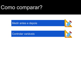 Como comparar?
Medir antes e depois

Controlar variáveis

 