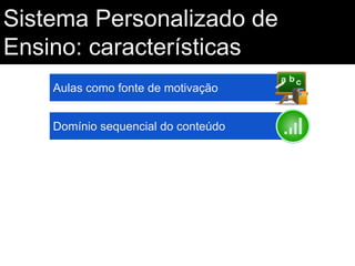 Sistema Personalizado de
Ensino: características
Aulas como fonte de motivação
Domínio sequencial do conteúdo

 