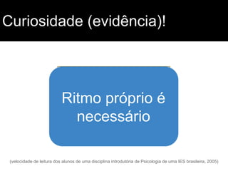 Curiosidade (evidência)!

Ritmo próprio é
necessário
(velocidade de leitura dos alunos de uma disciplina introdutória de Psicologia de uma IES brasileira, 2005)

 