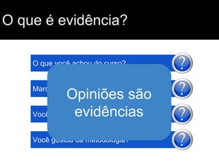 O que é evidência?
O que você achou do curso?

Marque na escala abaixo...

Opiniões são
evidências
Você aprendeu?
Você gostou da metodologia?

 